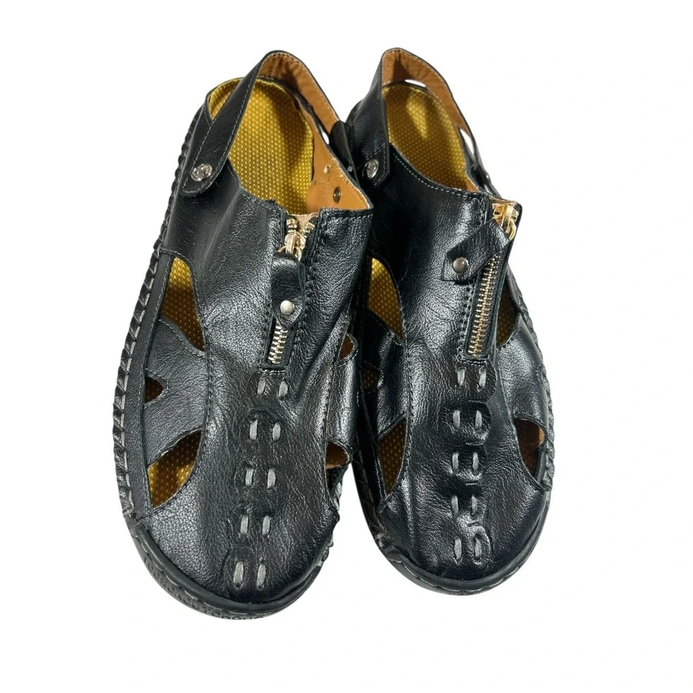 Men's Black Leather‎ Fisherman Sandals with Zipper Closure, Breathable